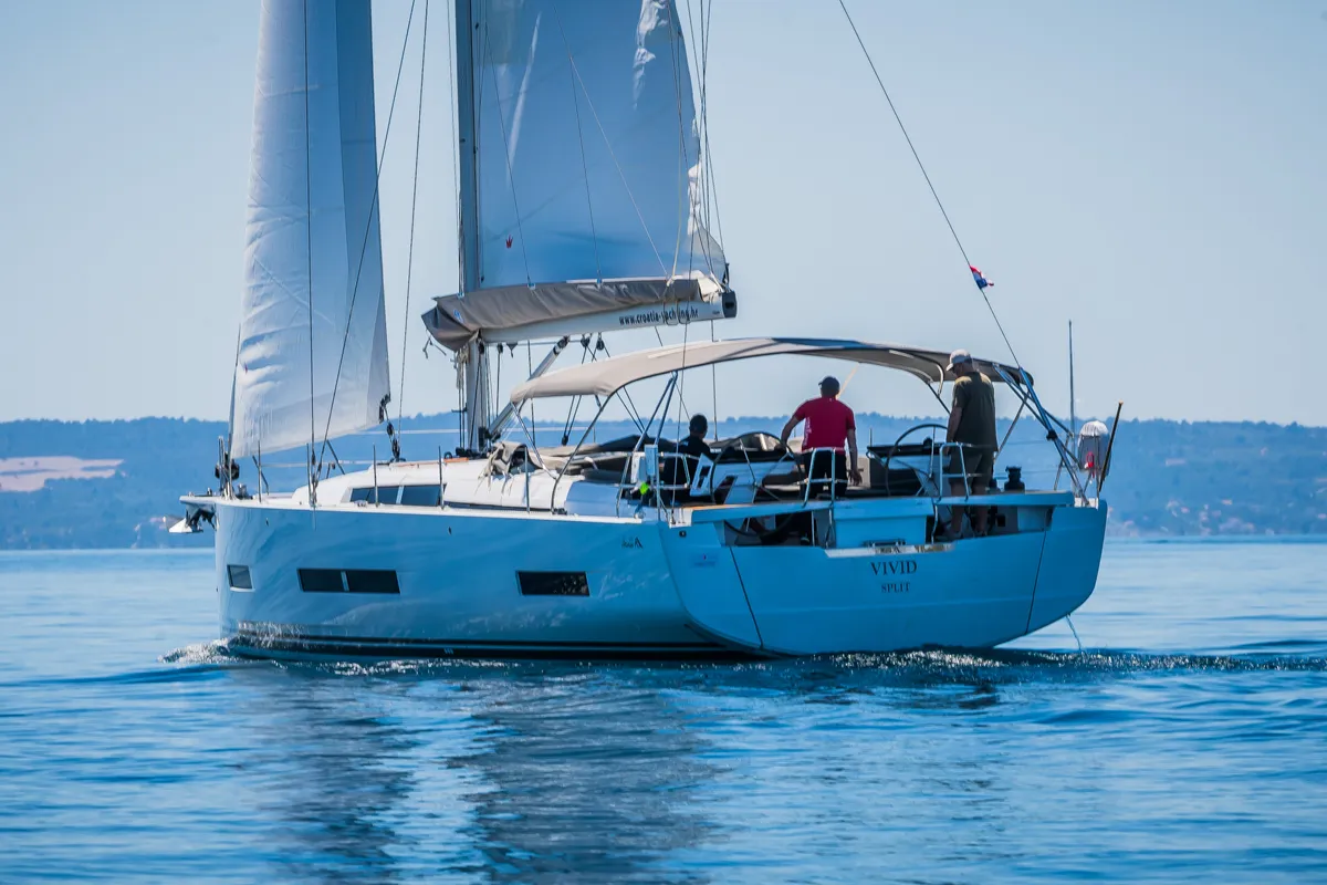 Exterior view of Vivid, a Hanse 510 sailboat at Grad Kaštela, Croatia