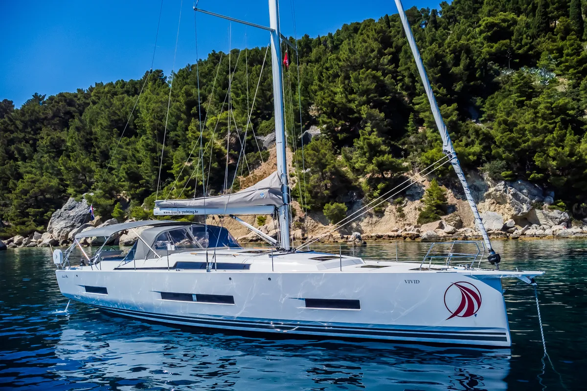 Exterior view of Vivid, a Hanse 510 sailboat at Grad Kaštela, Croatia