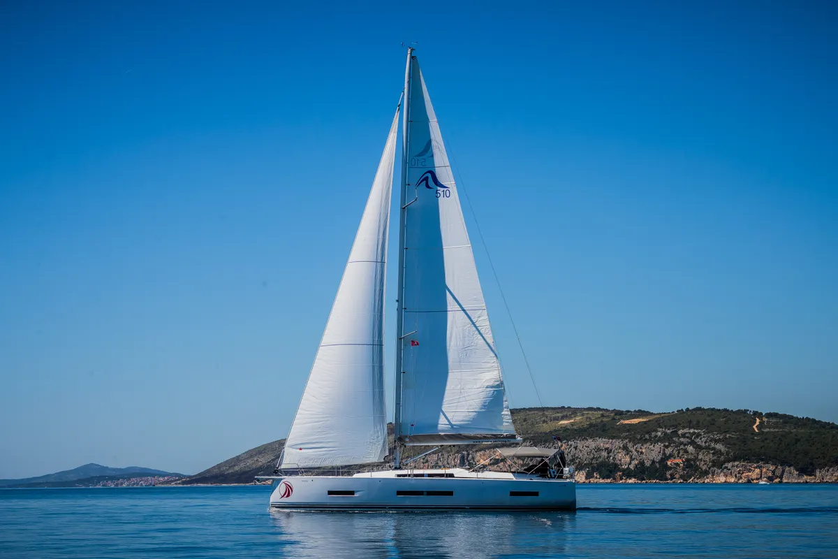 Exterior view of Vivid, a Hanse 510 sailboat at Grad Kaštela, Croatia