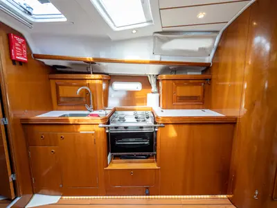 Galley of Aeolian Too, a Beneteau Oceanis 393 sailboat at Kavala, Greece