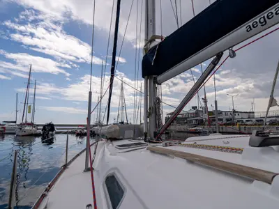 Deck of Aeolian Too, a Beneteau Oceanis 393 sailboat at Kavala, Greece