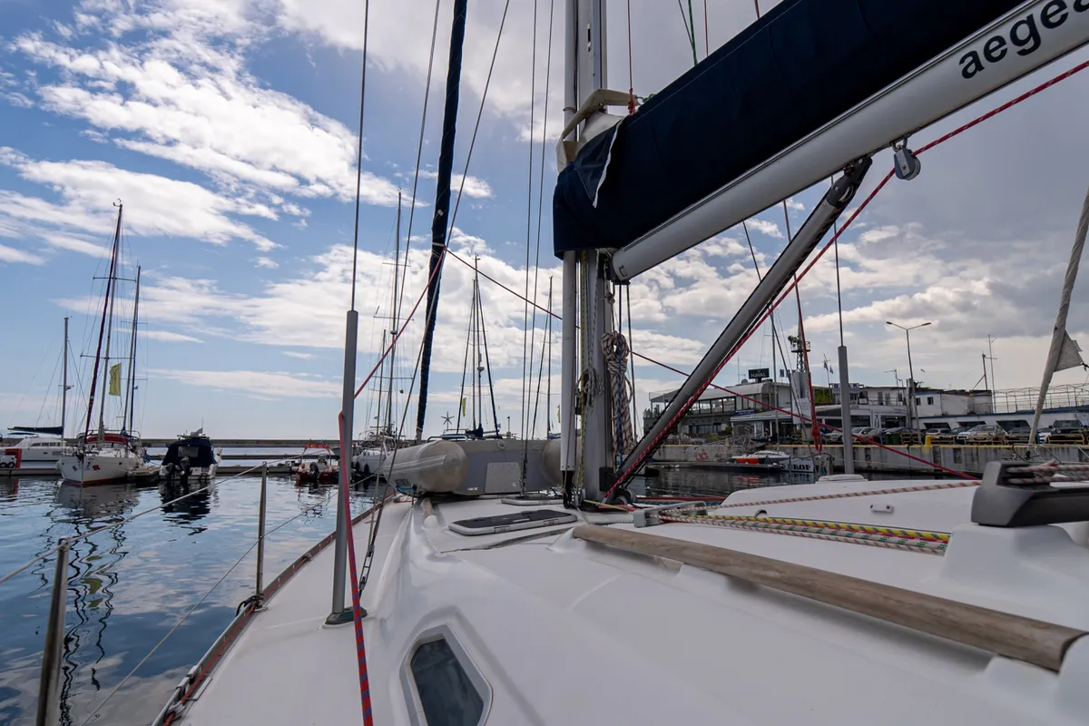 Deck of Aeolian Too, a Beneteau Oceanis 393 sailboat at Kavala, Greece