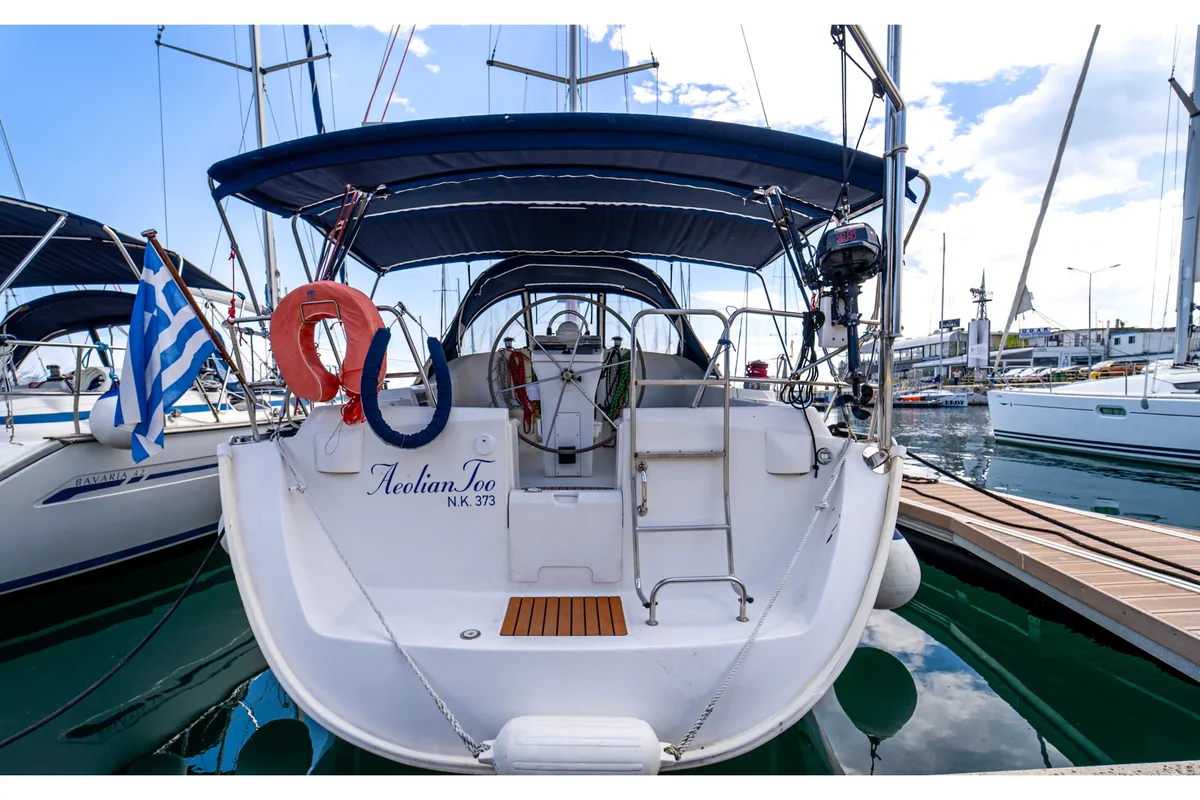 Exterior view of Aeolian Too, a Beneteau Oceanis 393 sailboat at Kavala, Greece