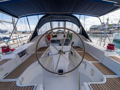 Cockpit of Aeolian Too, a Beneteau Oceanis 393 sailboat at Kavala, Greece