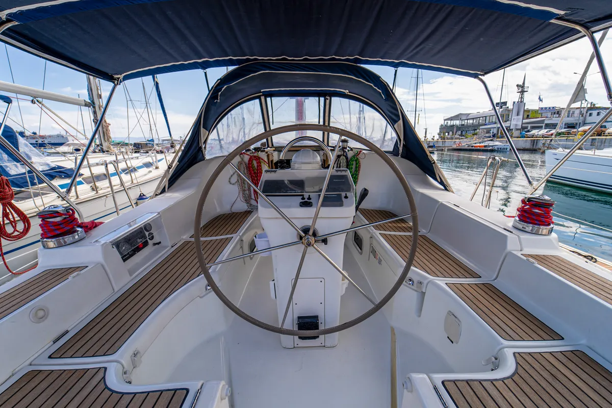 Cockpit of Aeolian Too, a Beneteau Oceanis 393 sailboat at Kavala, Greece