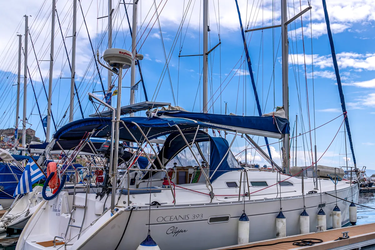 Exterior view of Aeolian Too, a Beneteau Oceanis 393 sailboat at Kavala, Greece