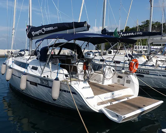 Exterior view of Xenia, a Bavaria Cruiser 41 sailboat at Procida, Italy