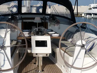 Cockpit of Xenia, a Bavaria Cruiser 41 sailboat at Procida, Italy