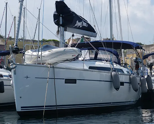 Exterior view of Xenia, a Bavaria Cruiser 41 sailboat at Procida, Italy