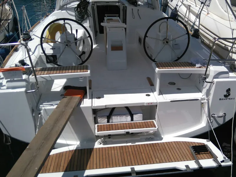 Cockpit of Folie, a Beneteau Oceanis 38 sailboat at Procida, Italy