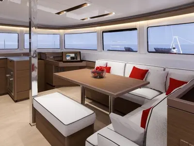 Salon of Lagoon 46, a catamaran at Nettuno, Italy