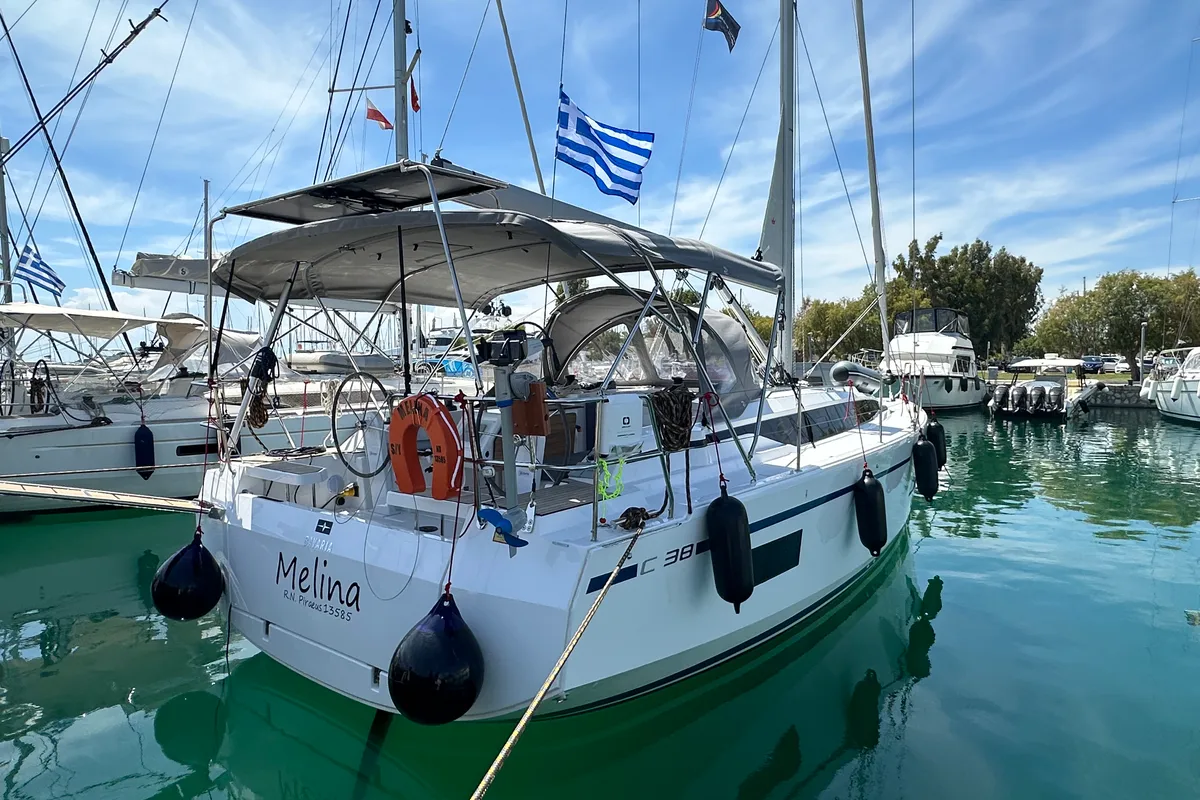 Exterior view of Melina, a Bavaria C38 sailboat at Athens, Greece