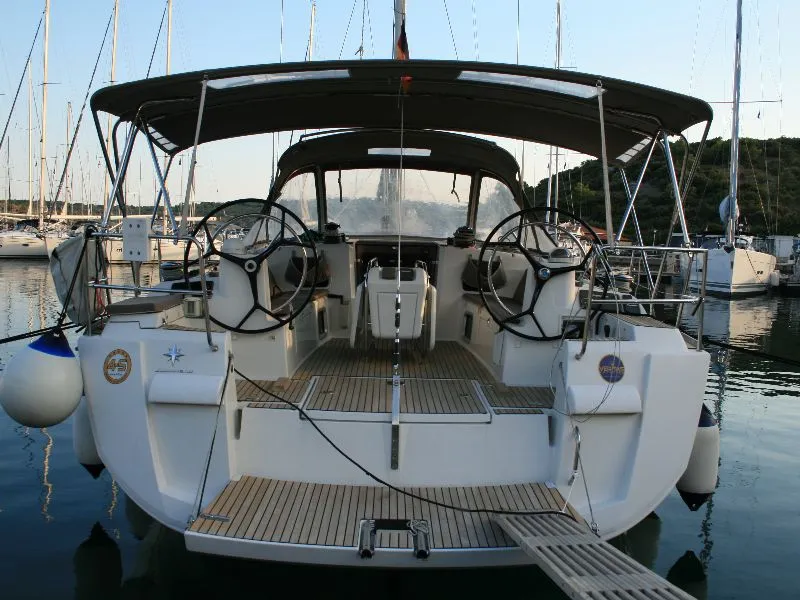 Exterior view of Nomia, a Jeanneau Sun Odyssey 469 sailboat at San Miguel de Abona, Spain