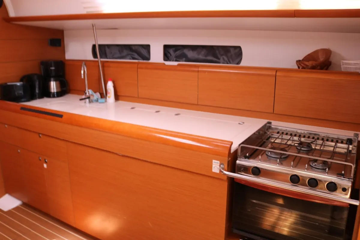 Galley of Nomia, a Jeanneau Sun Odyssey 469 sailboat at San Miguel de Abona, Spain