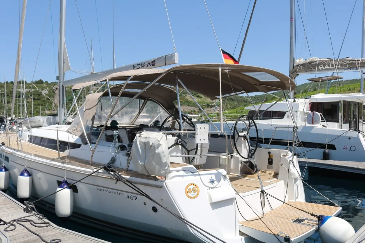 Exterior view of Nomia, a Jeanneau Sun Odyssey 469 sailboat at San Miguel de Abona, Spain