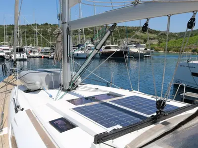 Deck of Nomia, a Jeanneau Sun Odyssey 469 sailboat at San Miguel de Abona, Spain