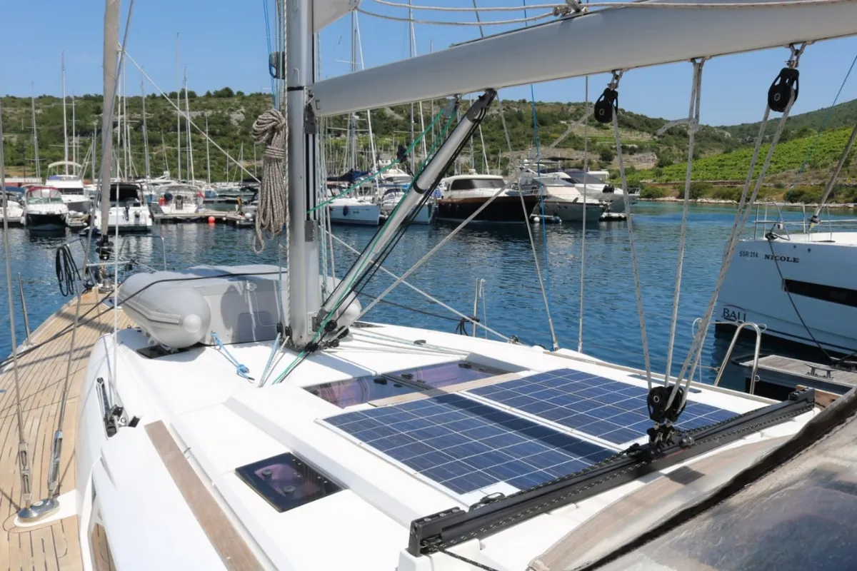 Deck of Nomia, a Jeanneau Sun Odyssey 469 sailboat at San Miguel de Abona, Spain