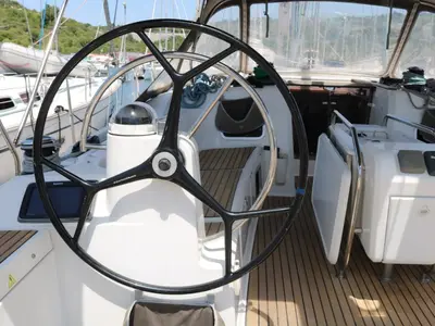 Cockpit of Nomia, a Jeanneau Sun Odyssey 469 sailboat at San Miguel de Abona, Spain