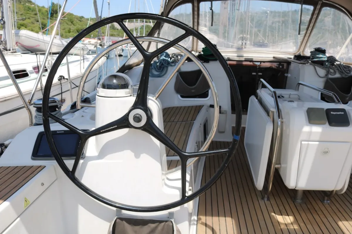 Cockpit of Nomia, a Jeanneau Sun Odyssey 469 sailboat at San Miguel de Abona, Spain