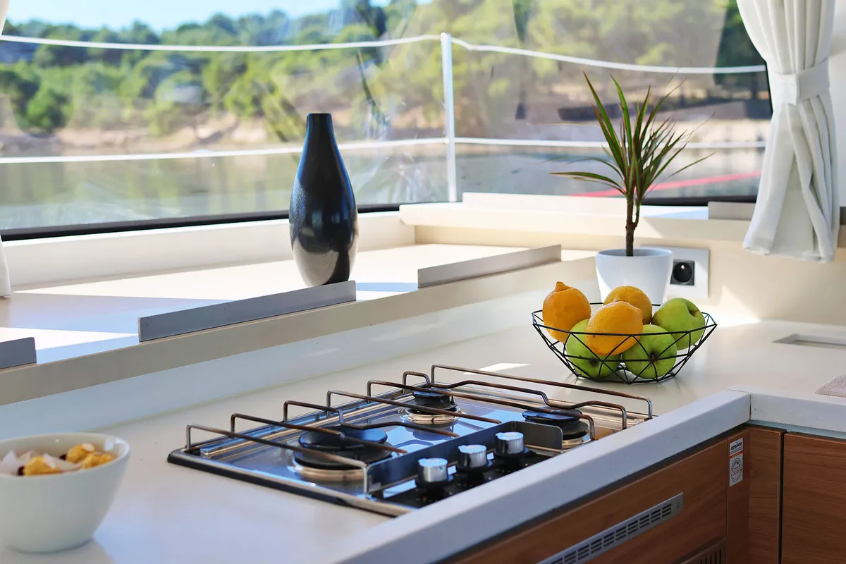 Galley of Mela, a Bali 4.4 catamaran at Grad Šibenik, Croatia