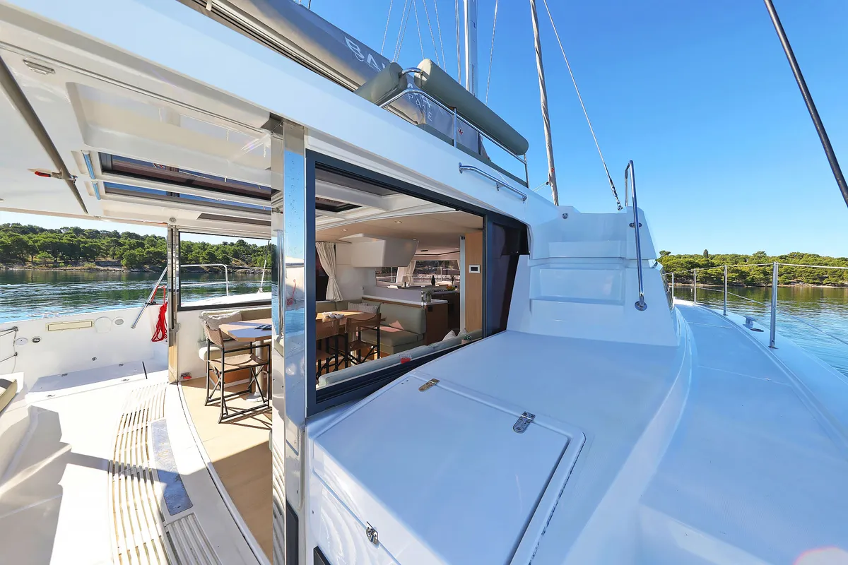 Deck of Mela, a Bali 4.4 catamaran at Grad Šibenik, Croatia