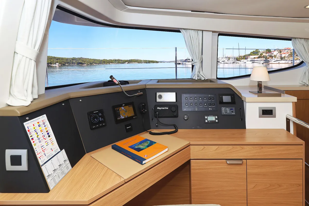 Cockpit of Mela, a Bali 4.4 catamaran at Grad Šibenik, Croatia