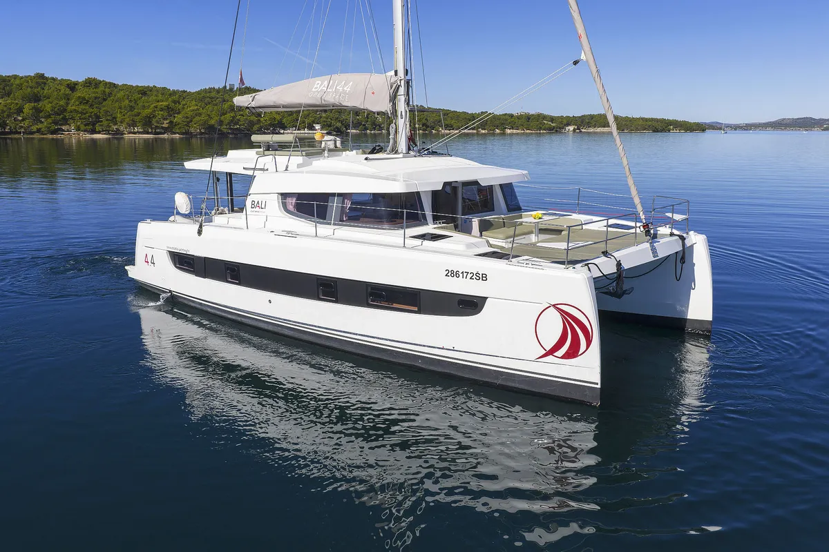 Exterior view of Mela, a Bali 4.4 catamaran at Grad Šibenik, Croatia