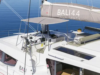 Cockpit of Mela, a Bali 4.4 catamaran at Grad Šibenik, Croatia