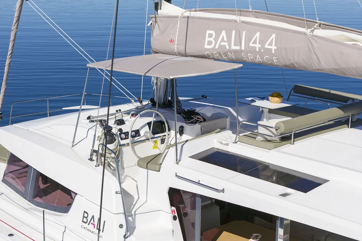 Cockpit of Mela, a Bali 4.4 catamaran at Grad Šibenik, Croatia