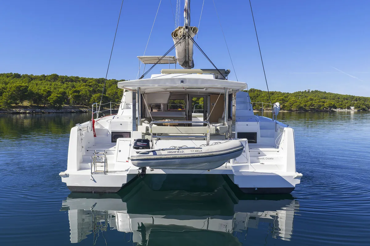 Exterior view of Mela, a Bali 4.4 catamaran at Grad Šibenik, Croatia