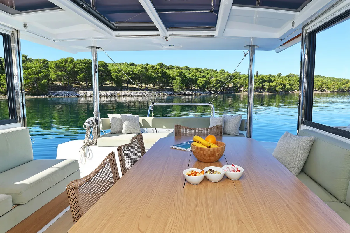Salon of Mela, a Bali 4.4 catamaran at Grad Šibenik, Croatia