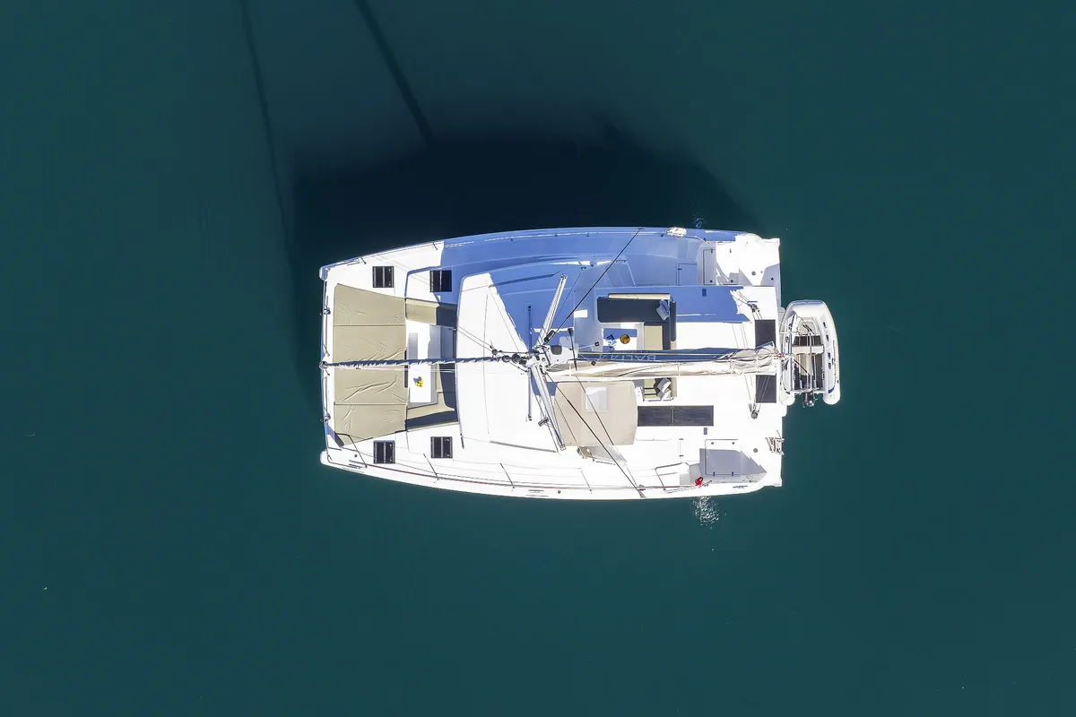 Exterior view of Mela, a Bali 4.4 catamaran at Grad Šibenik, Croatia