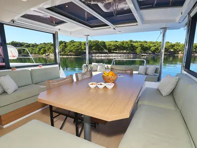 Salon of Mela, a Bali 4.4 catamaran at Grad Šibenik, Croatia