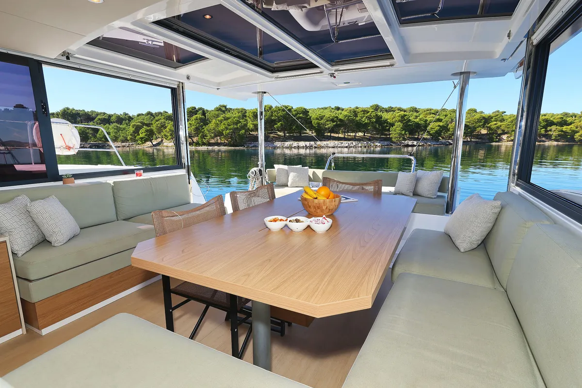 Salon of Mela, a Bali 4.4 catamaran at Grad Šibenik, Croatia