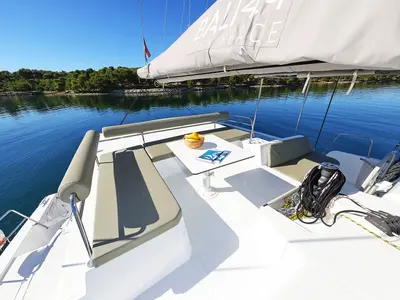 Deck of Mela, a Bali 4.4 catamaran at Grad Šibenik, Croatia