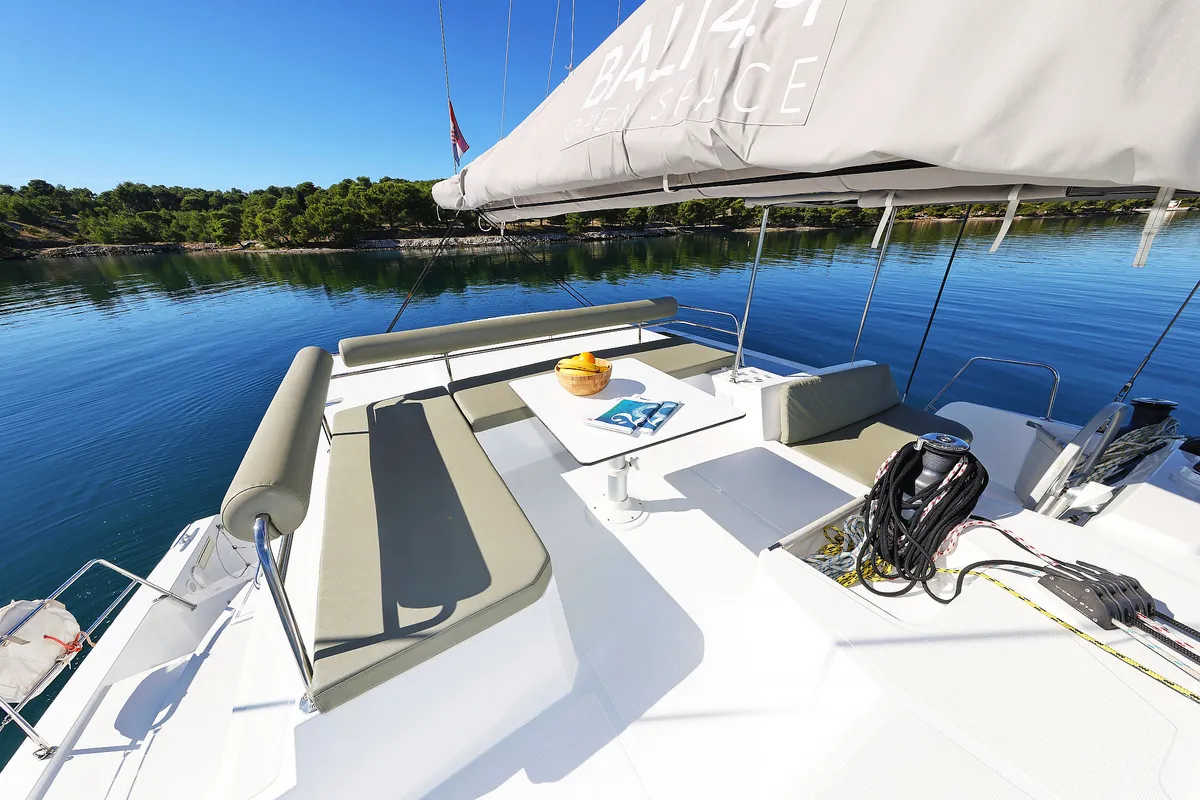 Deck of Mela, a Bali 4.4 catamaran at Grad Šibenik, Croatia