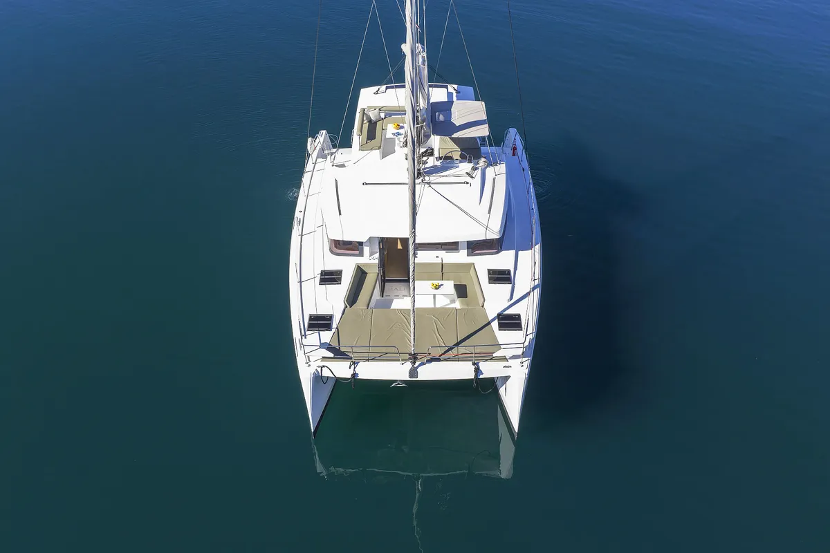 Exterior view of Mela, a Bali 4.4 catamaran at Grad Šibenik, Croatia