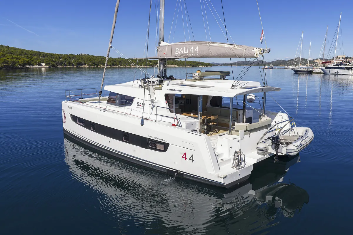 Exterior view of Mela, a Bali 4.4 catamaran at Grad Šibenik, Croatia