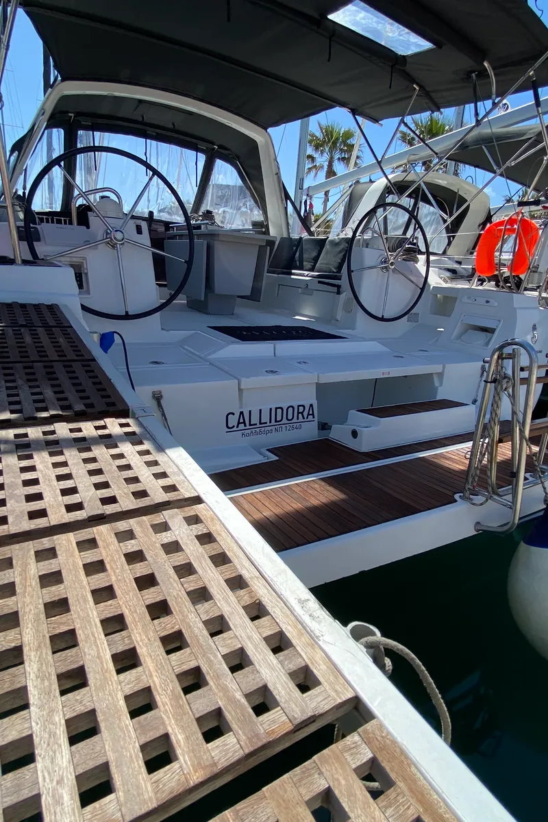 Exterior view of Callidora, a Beneteau Oceanis 45 sailboat at Municipal Unit of Rhodes, Greece