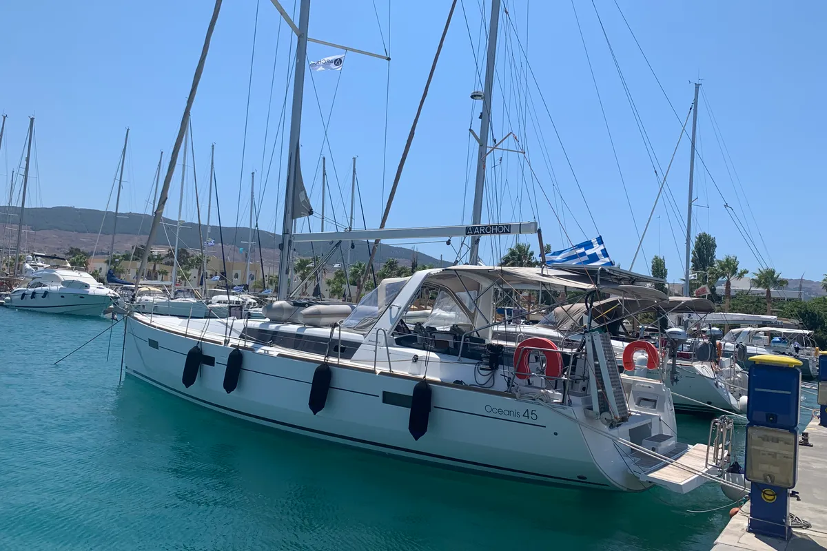 Exterior view of Callidora, a Beneteau Oceanis 45 sailboat at Municipal Unit of Rhodes, Greece