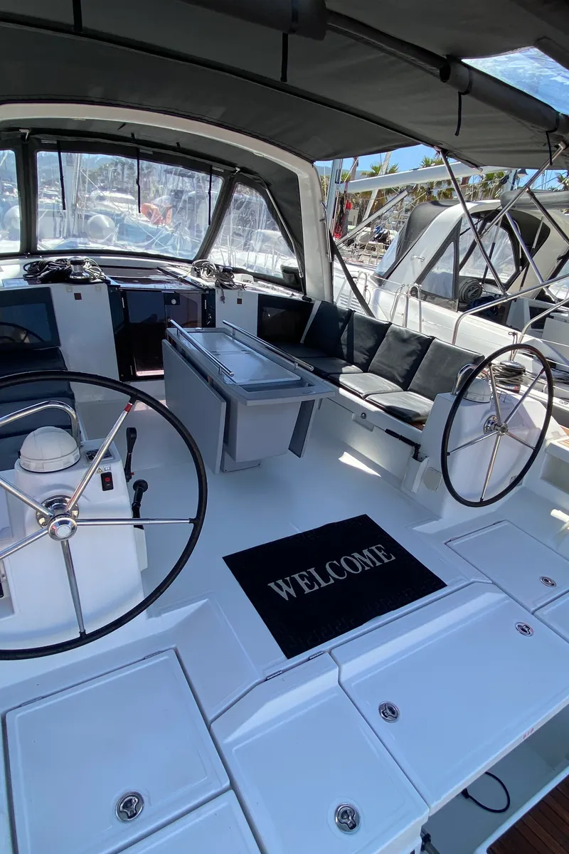 Cockpit of Callidora, a Beneteau Oceanis 45 sailboat at Municipal Unit of Rhodes, Greece