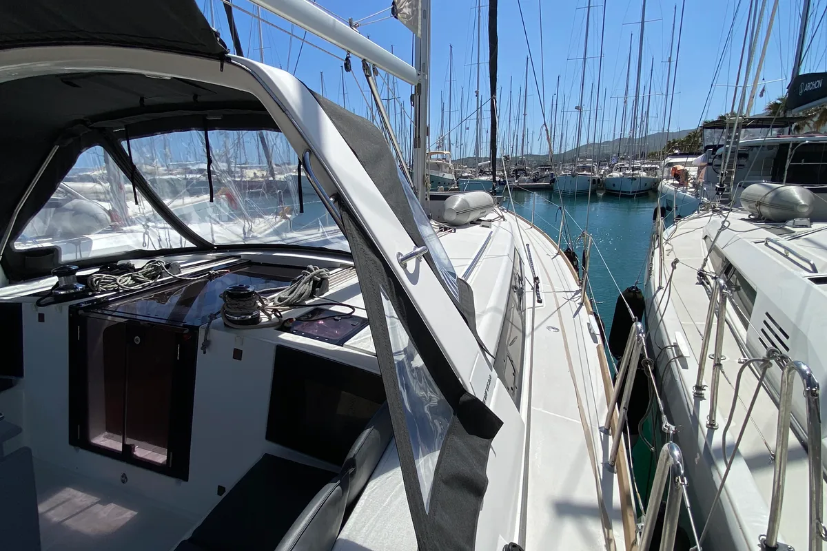 Exterior view of Callidora, a Beneteau Oceanis 45 sailboat at Municipal Unit of Rhodes, Greece