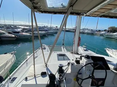 Cockpit of Sithonia, a Nautitech 46 Fly catamaran at Athens, Greece