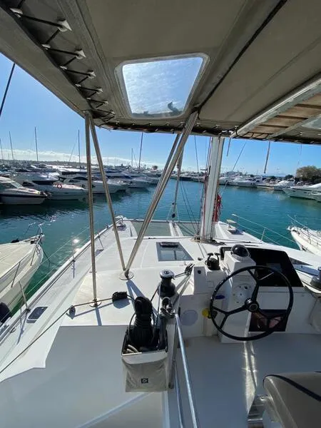 Cockpit of Sithonia, a Nautitech 46 Fly catamaran at Athens, Greece