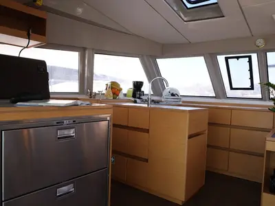 Galley of Sithonia, a Nautitech 46 Fly catamaran at Athens, Greece