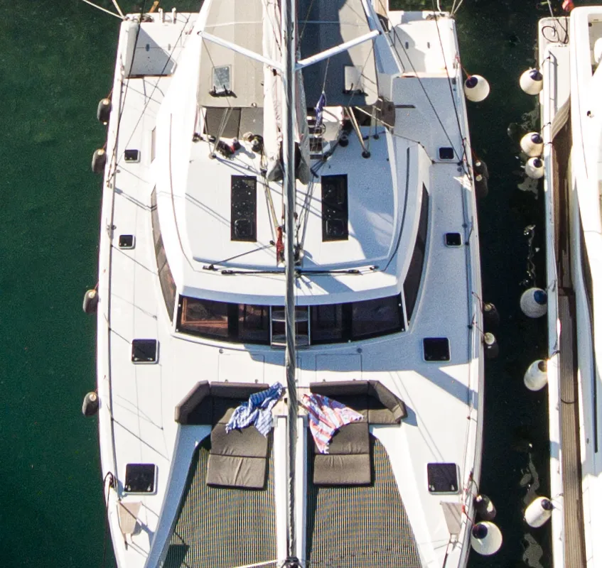 Exterior view of Sithonia, a Nautitech 46 Fly catamaran at Athens, Greece