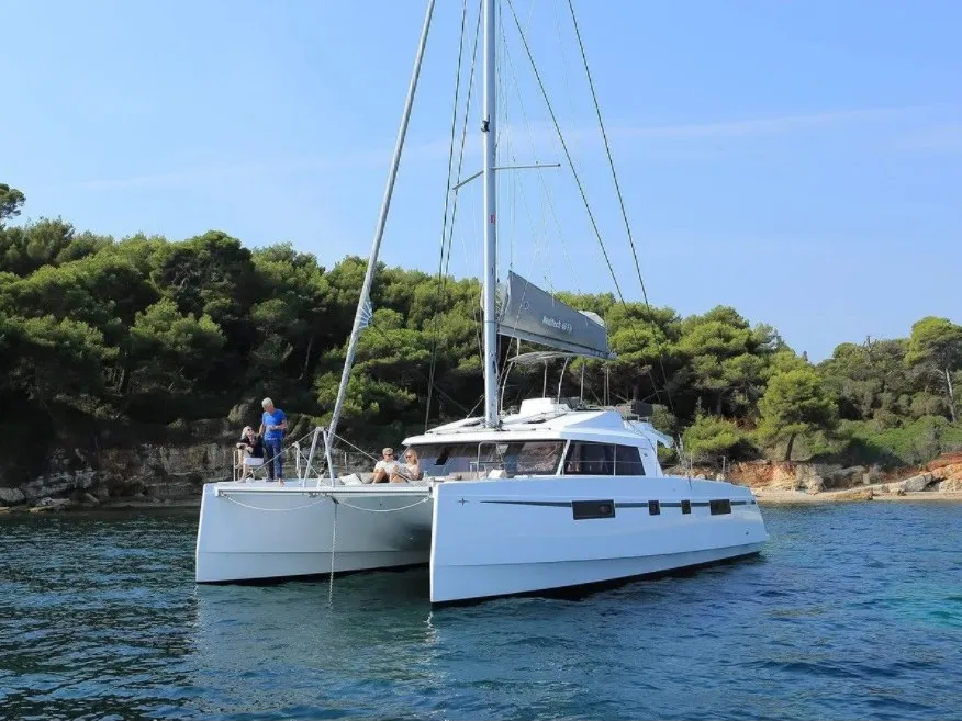 Exterior view of Sithonia, a Nautitech 46 Fly catamaran at Athens, Greece