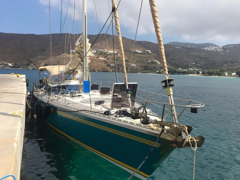 Osyan, a Dufour Dynamique 62 sailboat at Parikia, Greece