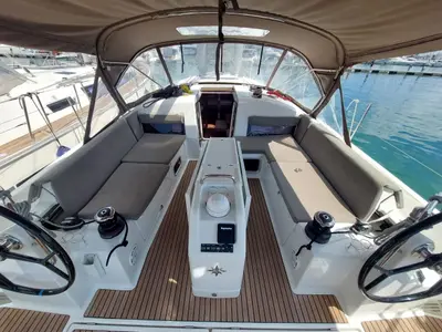 Cockpit of Apollonas, a Jeanneau Sun Odyssey 440 sailboat at Kontokali, Greece