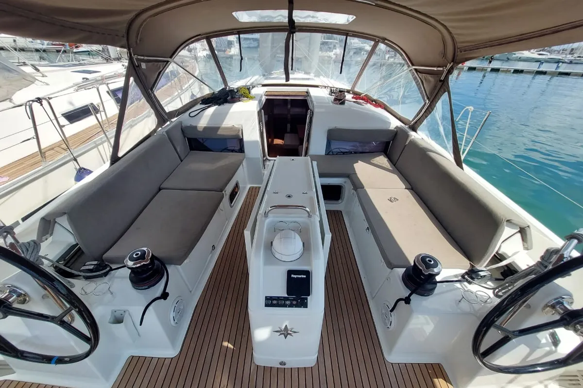 Cockpit of Apollonas, a Jeanneau Sun Odyssey 440 sailboat at Kontokali, Greece